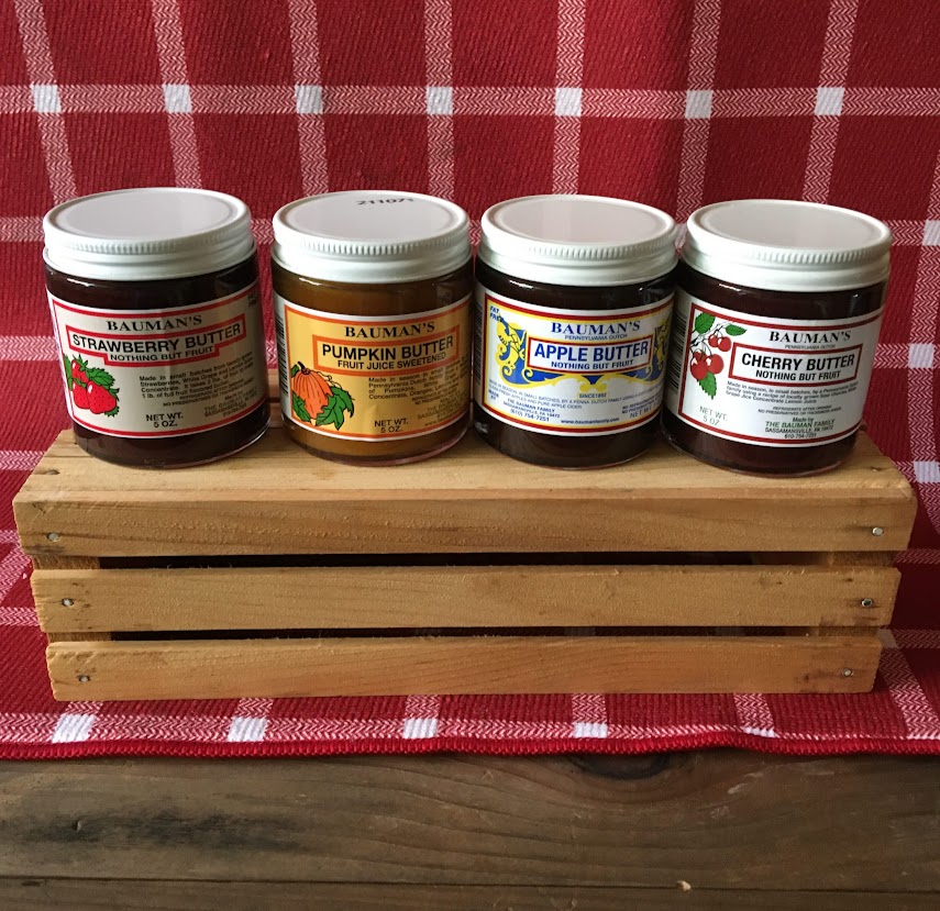 4 Bauman's fruit butters on a box
