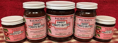 A picture of several jars of Bauman's tomato butter